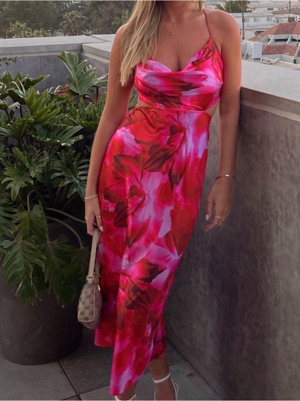 Draped Cowl Midi Slip Dress in Pink-Red Floral